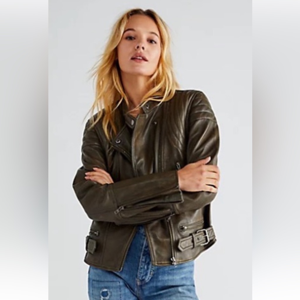 Free People Fenix Olive Brown Washed Lambskin Leather Zip Biker Jacket Small